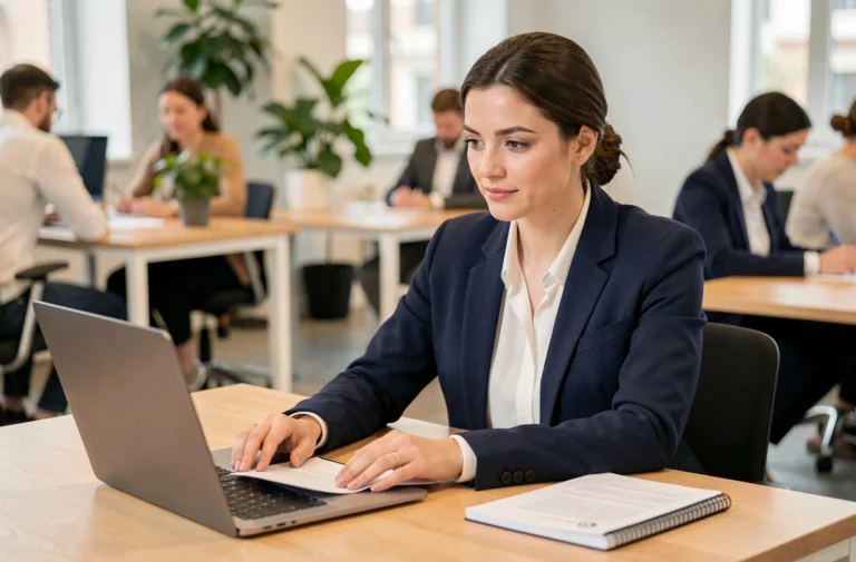 Femme professionnelle travaillant sur son ordinateur dans un espace de coworking moderne pour démarrer sur Business Ethique