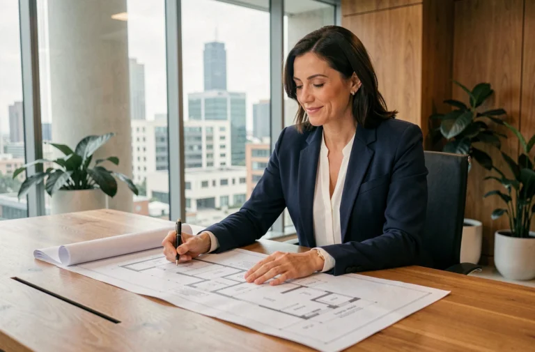 Femme professionnelle de l'immobilier analysant des plans et documents d'investissement dans un bureau moderne avec vue sur la ville