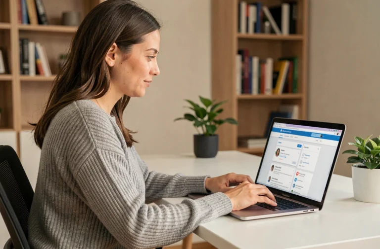 Femme utilisant SFR Mail sur un ordinateur portable dans un bureau à domicile moderne