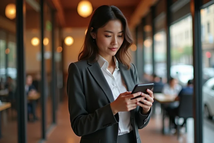 Femme tenant un smartphone pliable innovant dans un café urbain moderne