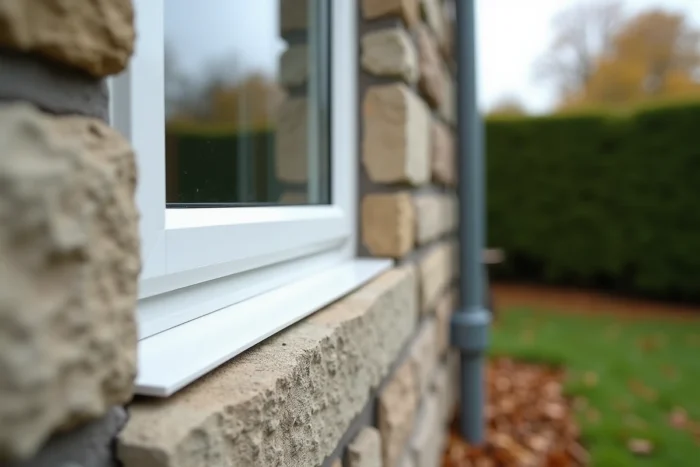 Détail d'une fenêtre à double vitrage nouvellement installée dans le mur en pierre d'une maison traditionnelle française pour améliorer l'isolation thermique