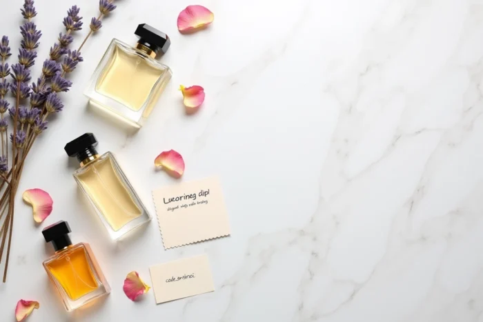 Mise en scène de flacons de parfum luxueux avec un code promo et des pétales de rose sur marbre blanc