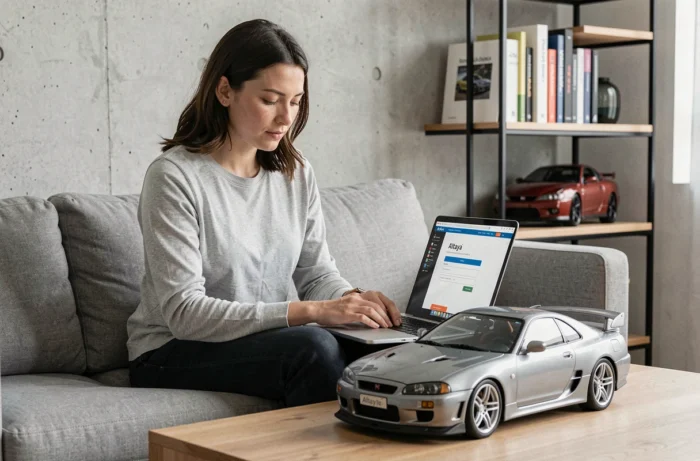 Femme créant son compte Altaya sur ordinateur portable avec maquette Nissan Skyline GT-R sur la table basse