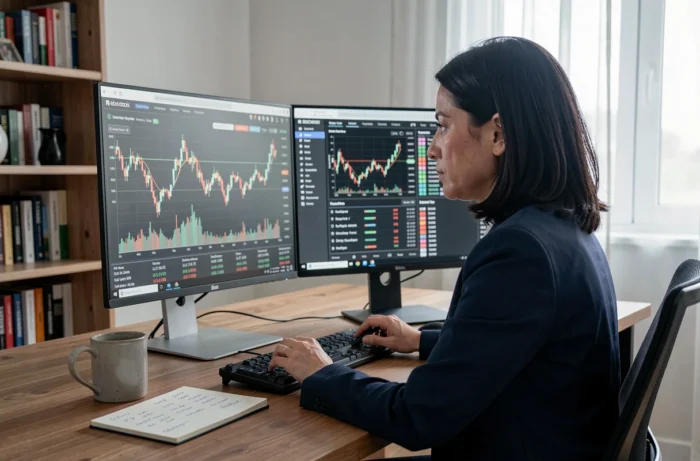 Une femme gérant son compte titre ordinaire depuis son bureau à domicile avec une interface de bourse en ligne