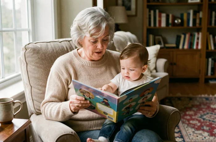 Grand-mère lisant un livre illustré à son bébé de huit mois sur ses genoux dans un fauteuil confortable, stimulation du développement cognitif du nourrisson