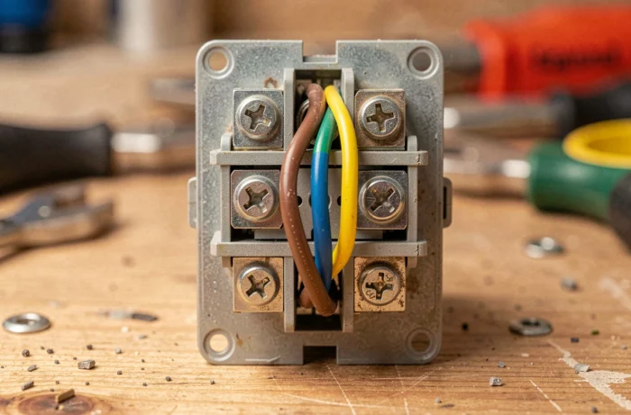 Gros plan sur les bornes d'un bouton poussoir Legrand avec fils électriques colorés correctement raccordés