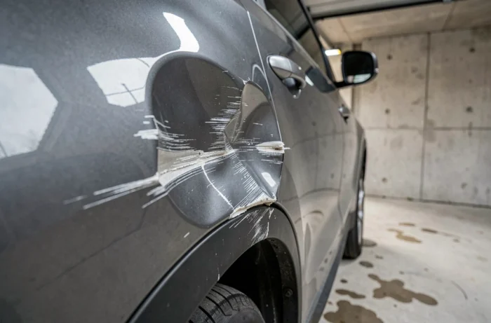 Gros plan d'un choc et d'une rayure sur la portière d'un SUV gris dans un garage