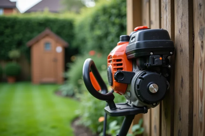 Gros plan sur un coupe-bordure thermique professionnel appuyé contre une clôture en bois dans un jardin