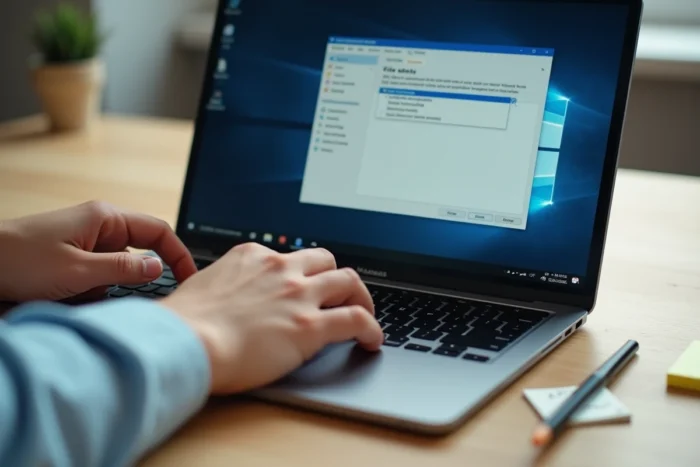 Gros plan d'une main enregistrant un fichier au format Word DOCX depuis la boîte de dialogue Enregistrer sous sur un ordinateur portable