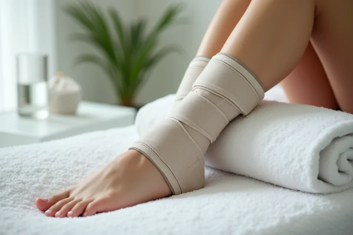 Gros plan d'un manchon de pressothérapie sur la jambe d'une femme, détail des chambres gonflables pour la circulation