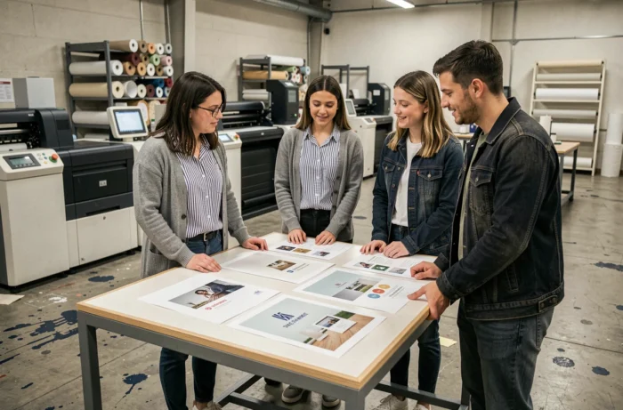 Groupe d'étudiants en design graphique en alternance collaborant sur des maquettes d'impression dans un atelier d'école de design en France