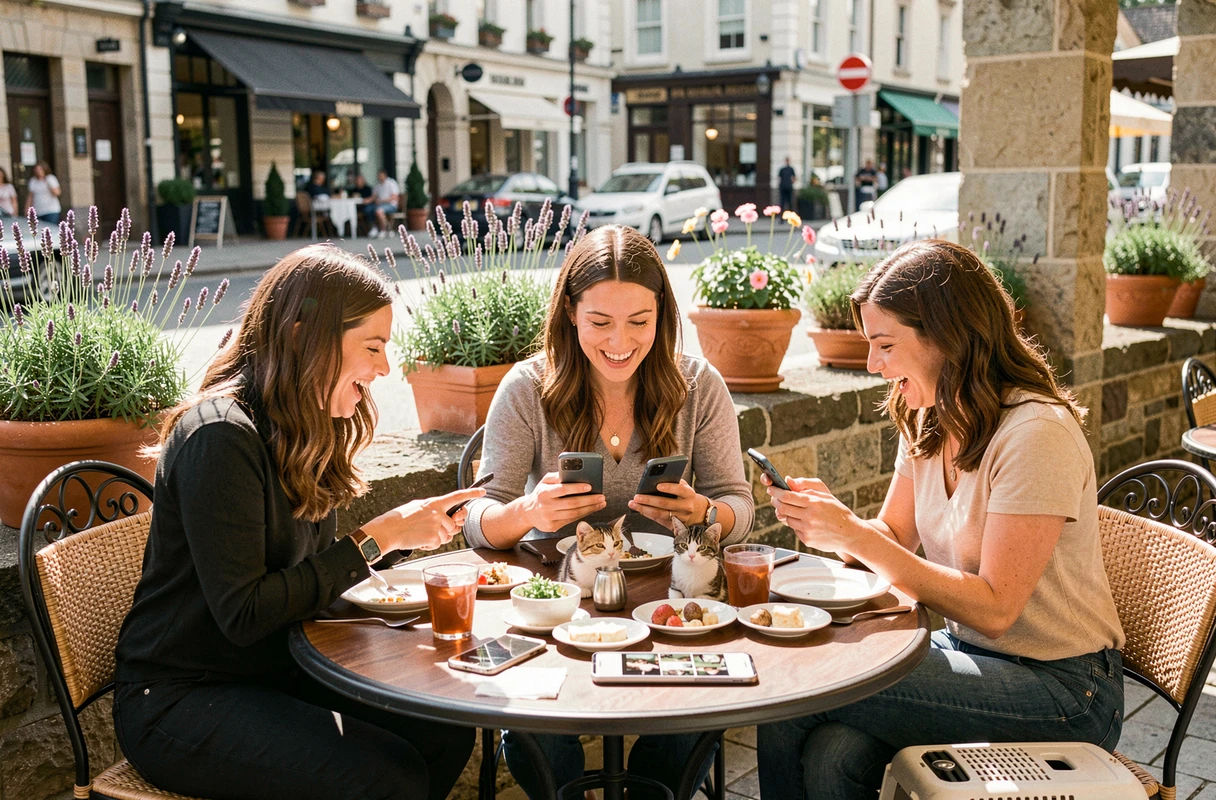 Groupe de femmes partageant des photos de chats sur leurs smartphones en terrasse de café dans le cadre de la communauté Aplouf