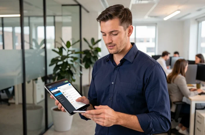 Homme accédant à l'ENT CESI via une tablette dans un environnement de bureau moderne