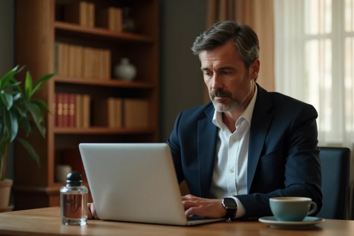 Homme consultant le site de la Grande Parfumerie sur un ordinateur portable avec un flacon de parfum posé à côté