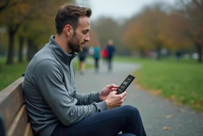Homme consultant une application de conversion de pas en kilomètres sur smartphone assis dans un parc