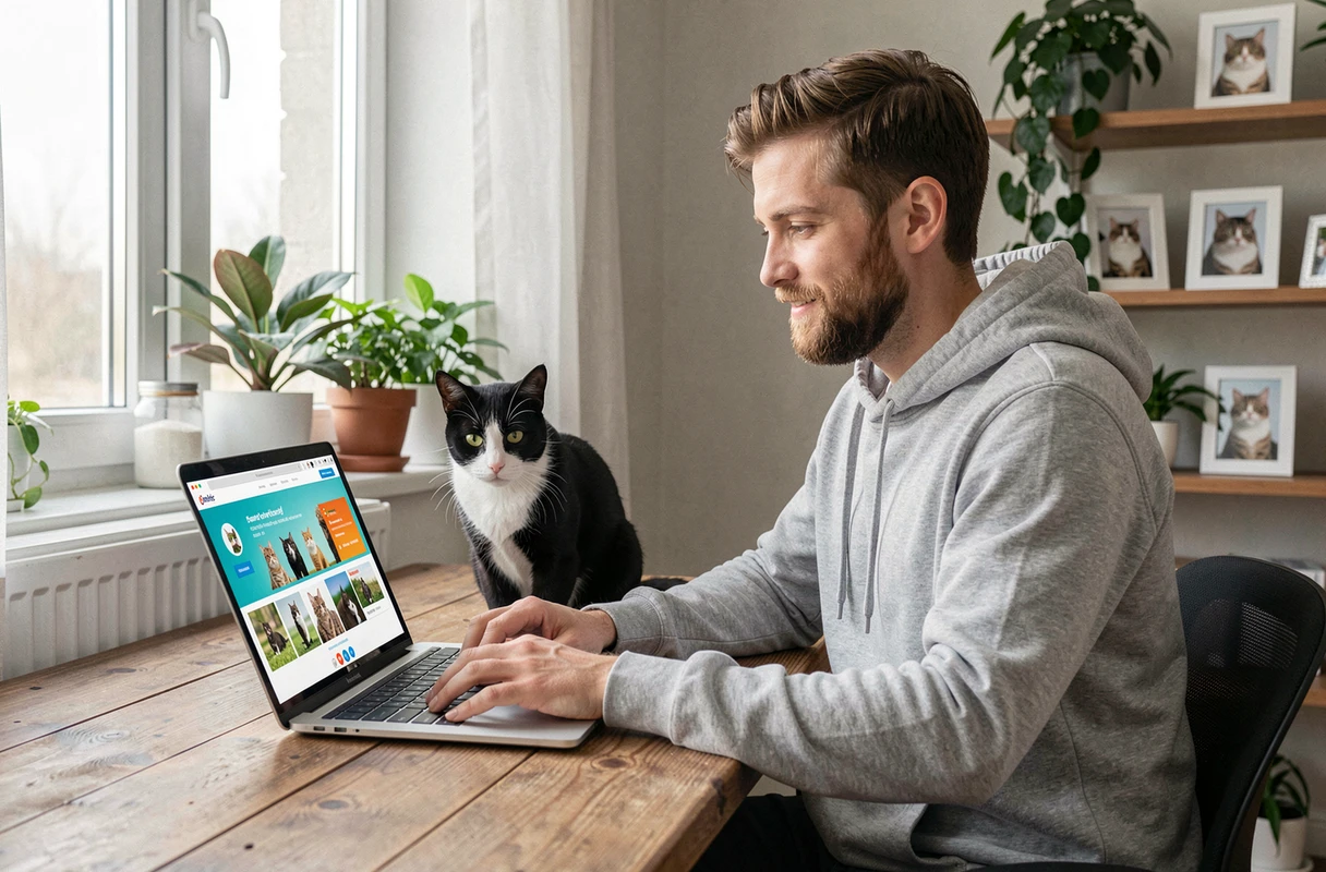 Homme barbu travaillant sur une plateforme communautaire pour passionnés de chats depuis son bureau à domicile avec son chat bicolore