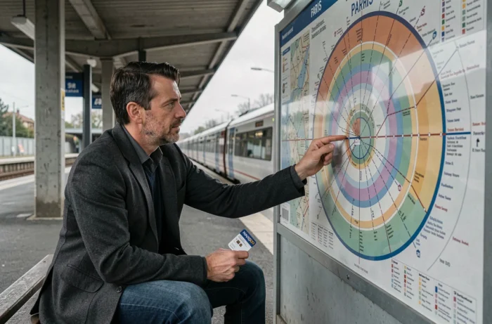 Homme consultant la carte des zones Navigo 1 à 5 sur un quai de gare RER en banlieue parisienne