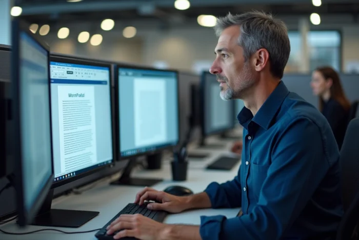 Homme comparant un document WordPad et un fichier Word sur deux écrans dans un bureau professionnel