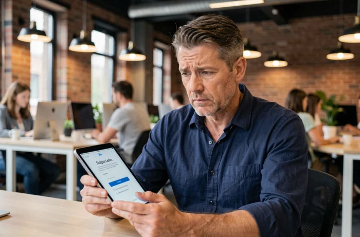Homme en espace de coworking consultant une tablette avec une expression perplexe lors de son inscription à une formation en ligne