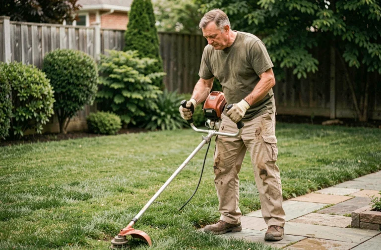 Homme utilisant un coupe-bordure thermique le long d'une allée en pierre dans un jardin soigné