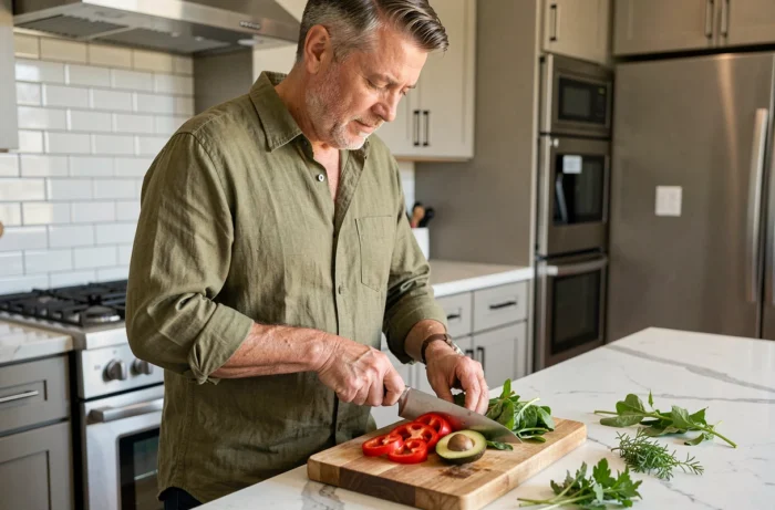 Homme préparant un repas sain et équilibré avec des légumes frais dans une cuisine moderne pour rester en forme