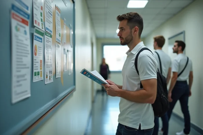 Jeune homme consultant des offres de formation professionnelle dans un centre de formation pour trouver un emploi à 1800 euros net
