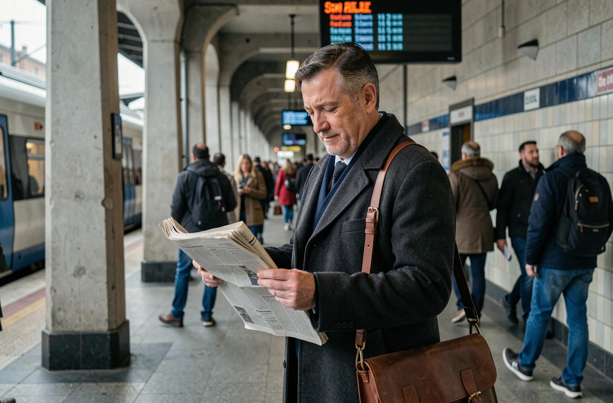 Homme lisant un journal sur un quai de gare bondé pendant ses trajets quotidiens