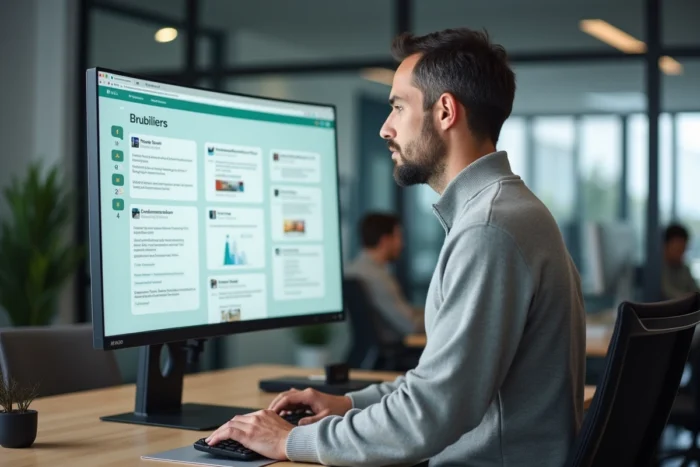 Homme debout utilisant un grand écran pour naviguer dans l'arborescence d'un site de voyage en bureau moderne