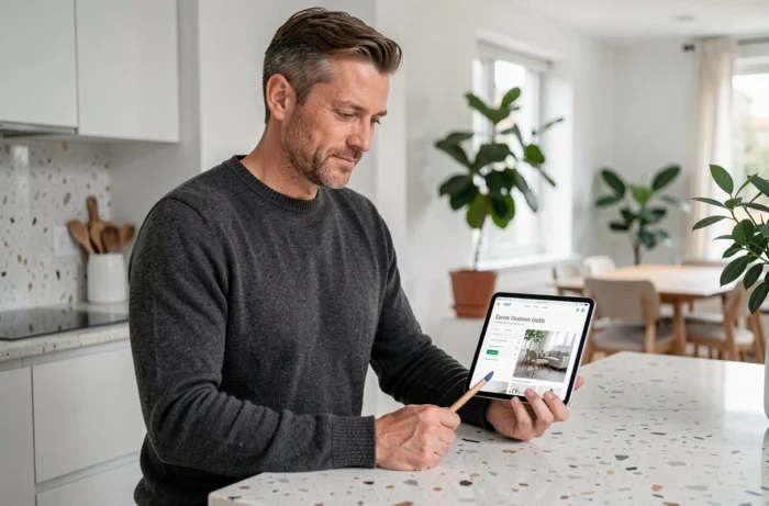Homme consultant la navigation d'un site de décoration sur tablette dans une cuisine moderne aux matériaux naturels