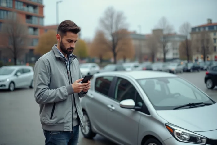 Homme debout à côté de sa voiture consultant une application de comparaison d'assurance auto sur smartphone