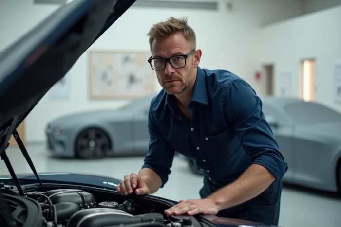 Ingénieur automobile examinant le moteur d'un véhicule concept dans un studio de design moderne