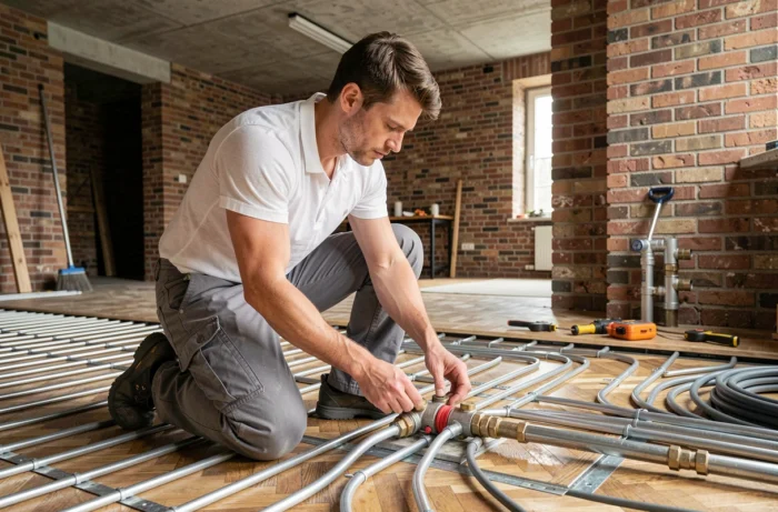 Plombier-chauffagiste installant un système de chauffage par le sol dans un loft en rénovation à Bruxelles