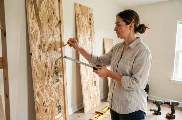 Femme mesurant une joue de dressing en bois dans un placard en cours d'installation