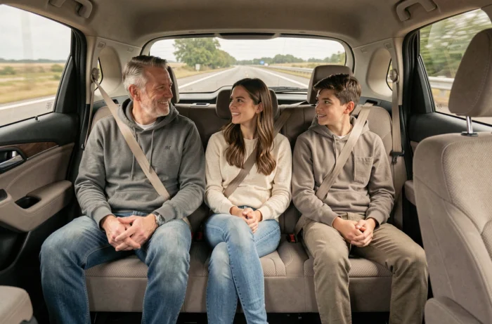 Intérieur d'un SUV familial avec trois passagers confortablement installés sur la banquette arrière lors d'un voyage en famille