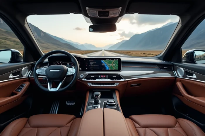 Intérieur luxueux d'un SUV haut de gamme avec tableau de bord numérique incurvé et sièges en cuir premium