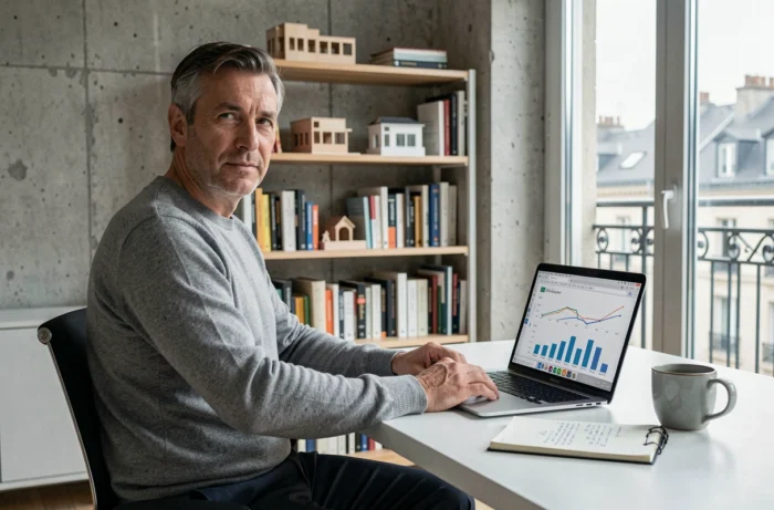 Inversor inmobiliario analizando gráficos de rendimiento en un ordenador portátil en un apartamento parisino contemporáneo