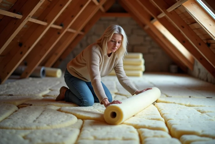 Femme déroulant de la laine de verre entre les solives d'un grenier lors de travaux d'isolation des combles
