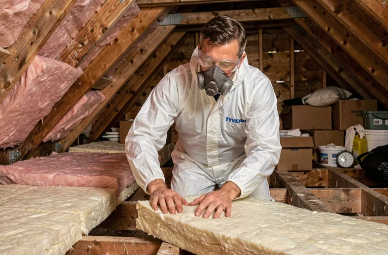 Artisan posant des rouleaux de laine minérale dans les combles perdus d'une maison pour l'isolation thermique