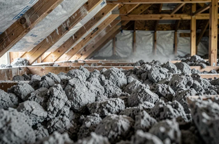 Insufflation de ouate de cellulose entre les solives d'un plancher de combles pour une isolation par soufflage