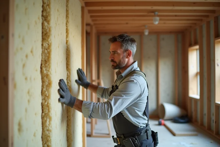 Artisan posant des panneaux de laine minérale sur un mur intérieur lors de travaux d'isolation thermique d'une maison en rénovation