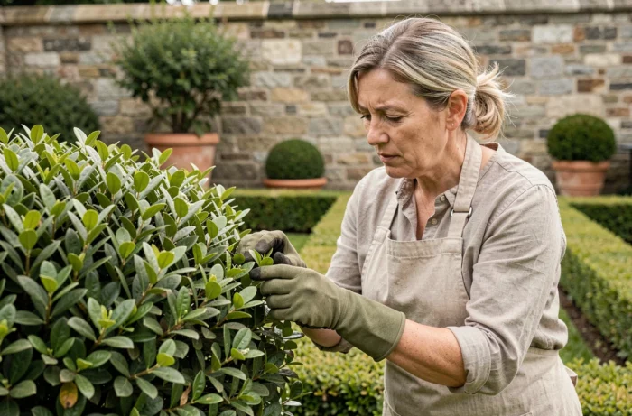Jardinière inspectant un buis infesté par la pyrale dans un jardin à la française