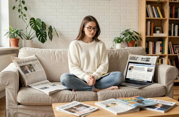 Jeune femme lisant les journaux et les tendances du jour dans un salon scandinave cosy, entourée de magazines et d'un ordinateur portable