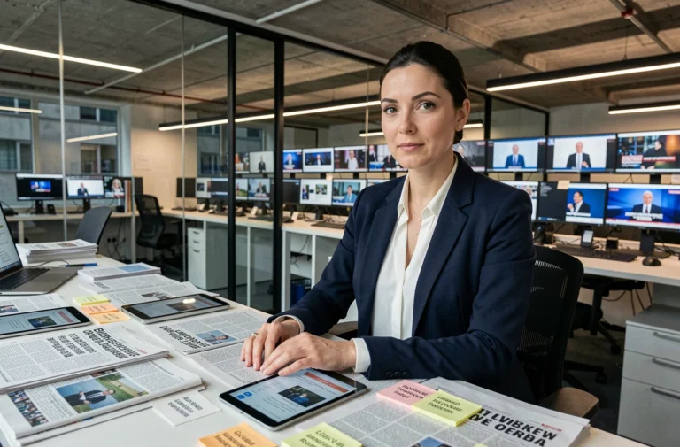 Journaliste européenne dans une rédaction moderne entourée de journaux et d'écrans d'actualité