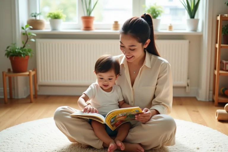 Jeune maman et son tout-petit lisant un livre illustré ensemble sur le sol d'un salon chaleureux, parentalité épanouie au quotidien