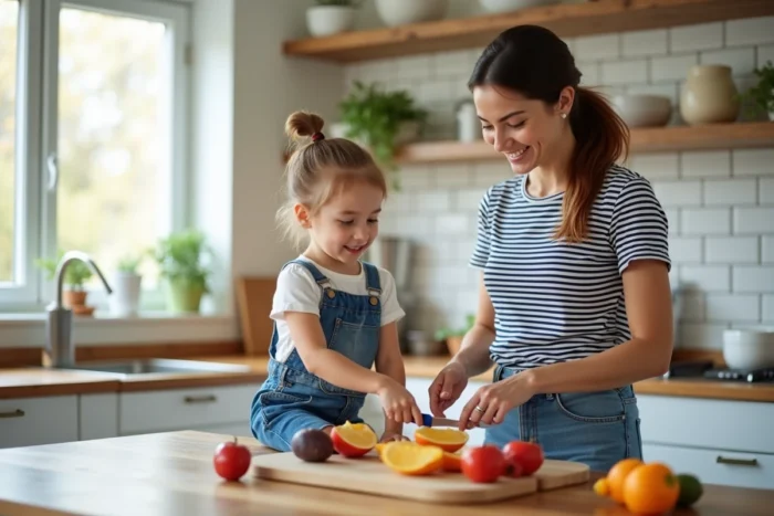 Maman et fillette préparant une collation saine ensemble dans une cuisine familiale moderne, moments de complicité parentale