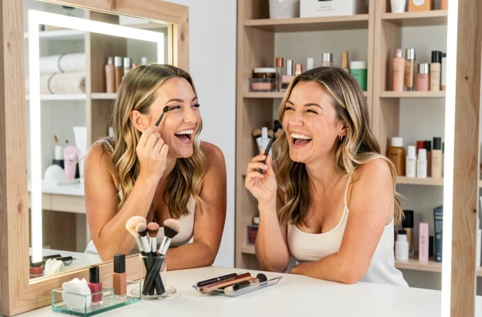 Deux femmes se maquillant ensemble devant un miroir, routine beauté conviviale et épanouissante