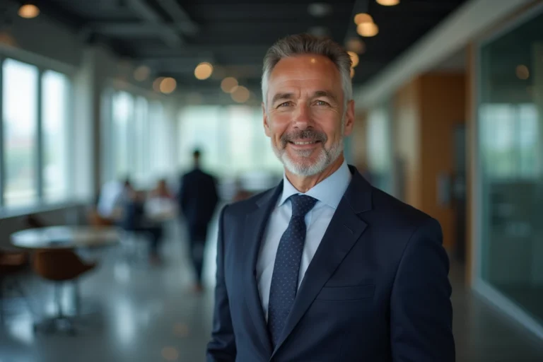 Portrait professionnel d'un dirigeant influent dans un espace de co-working moderne, illustrant les réseaux professionnels