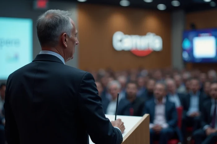 Homme d'affaires expérimenté prenant la parole lors d'un événement de networking professionnel devant un auditoire de cadres