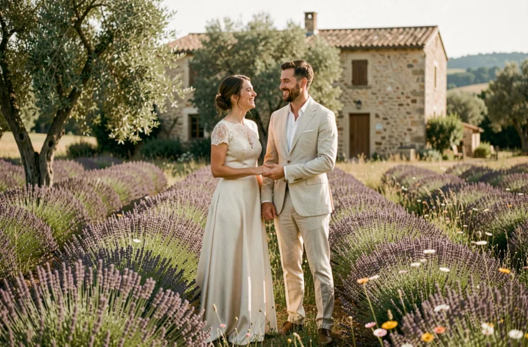 Couple de mariés en tenue élégante dans un champ de lavande en Provence, ambiance champêtre et authentique pour un mariage tendance