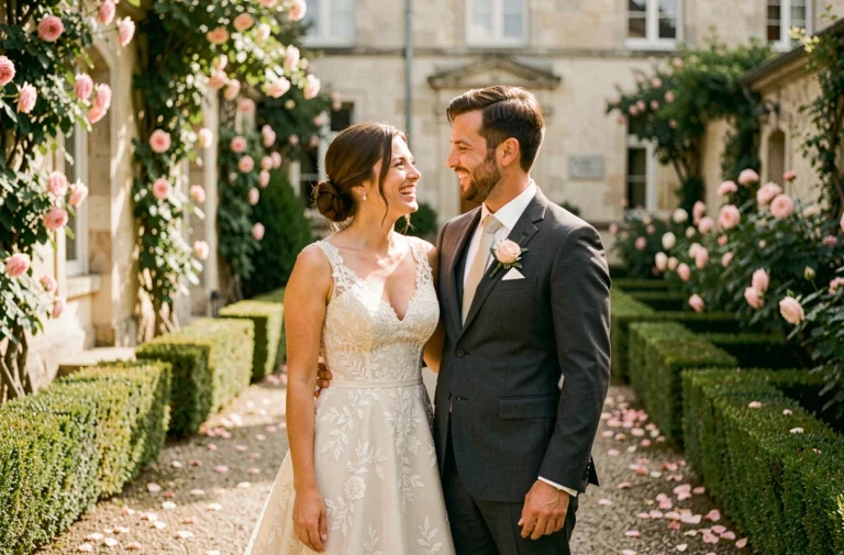 Mariés souriants dans un jardin de château français entouré de roses, robe en dentelle ivoire et costume anthracite élégant